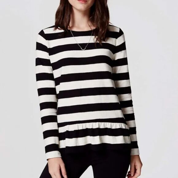 Chic & Flattering – LOFT Black and White Striped Peplum Top Medium - Picture 1 of 4